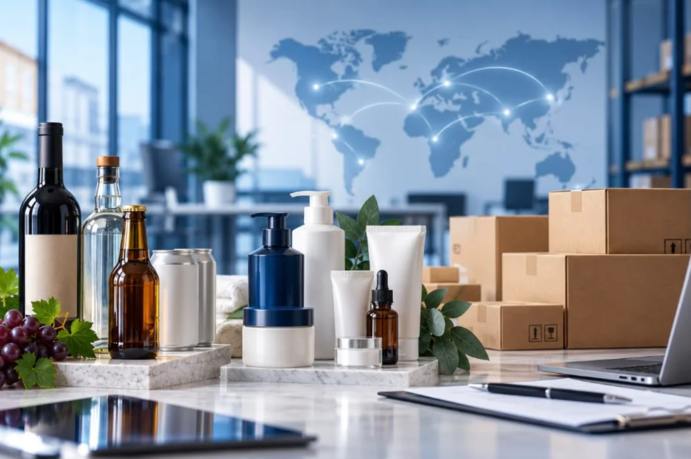 Bebidas, productos de cuidado personal y cajas sobre una mesa, con un mapa de conexiones al fondo