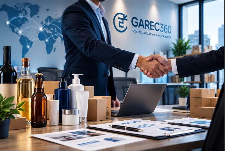 Acuerdo comercial con un apretón de manos, productos y cajas sobre una mesa, con la marca GAREC360 al fondo